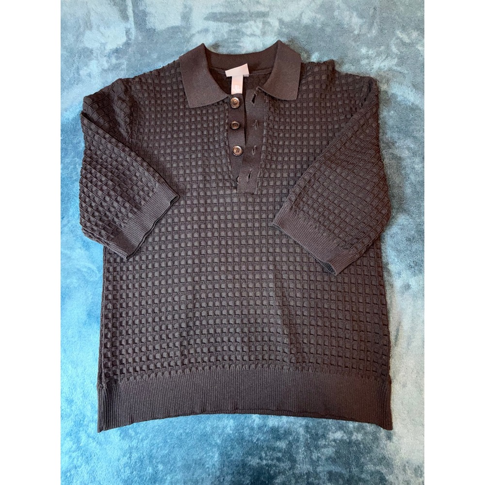 HM Mens Regular Fit Waffle Knit Polo Shirt Dark Brown Short Sleeve Small S